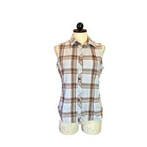 Bit & Bridle Turquoise Plaid Sleeveless Collar Button Down Equestrian Western‎ L